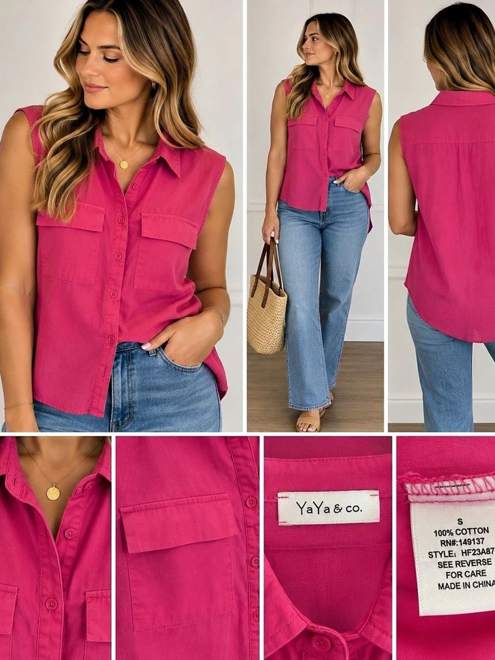 YaYa & Co. Sleeveless Cotton Button Down in Pink Size Small